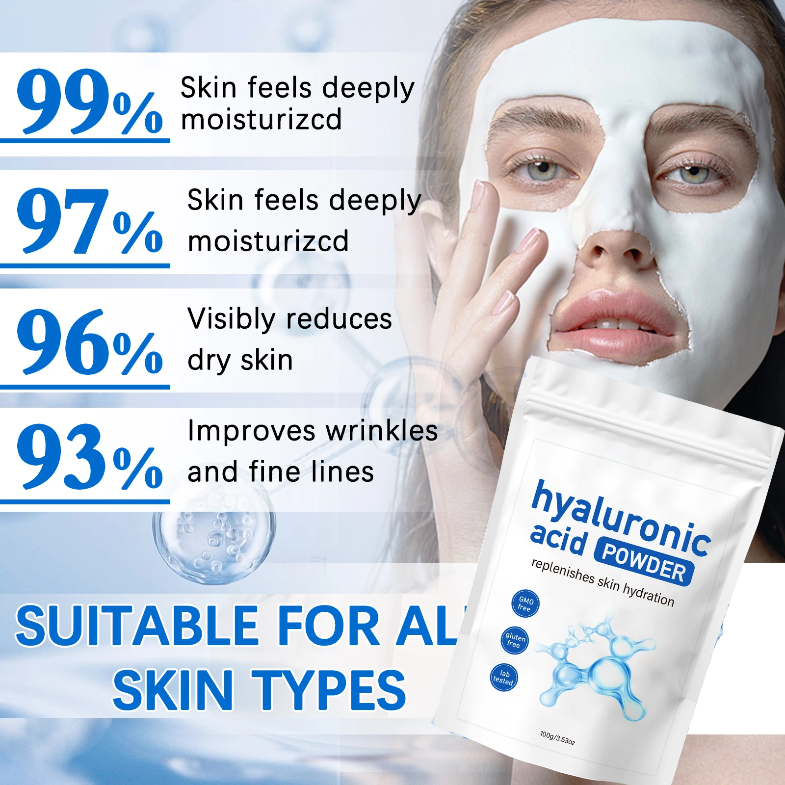 

100g Mask Powder Hyaluronic Acid,Deep Hydrating Smoothing Brighten Nutrients,Exfoliation Improve Fine Lines & Dry Skin Face Mask