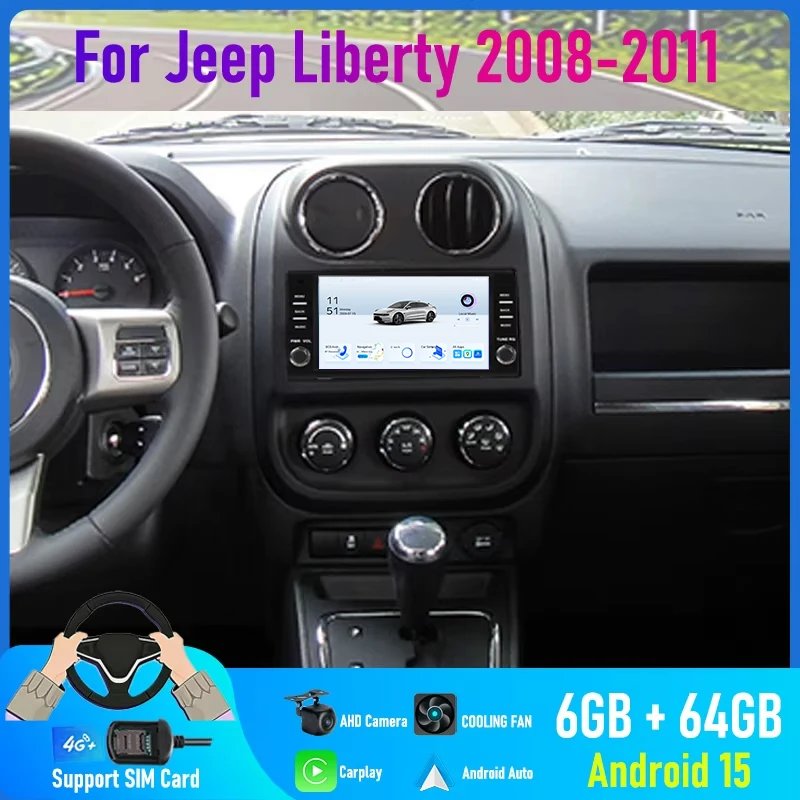 7'' For Jeep Liberty 2008-2011 Car Radio 4G SIM Camera Navi BT Wifi GPS Head Unit Carplay Google Map Android 15 Auto FM 2DIN FM