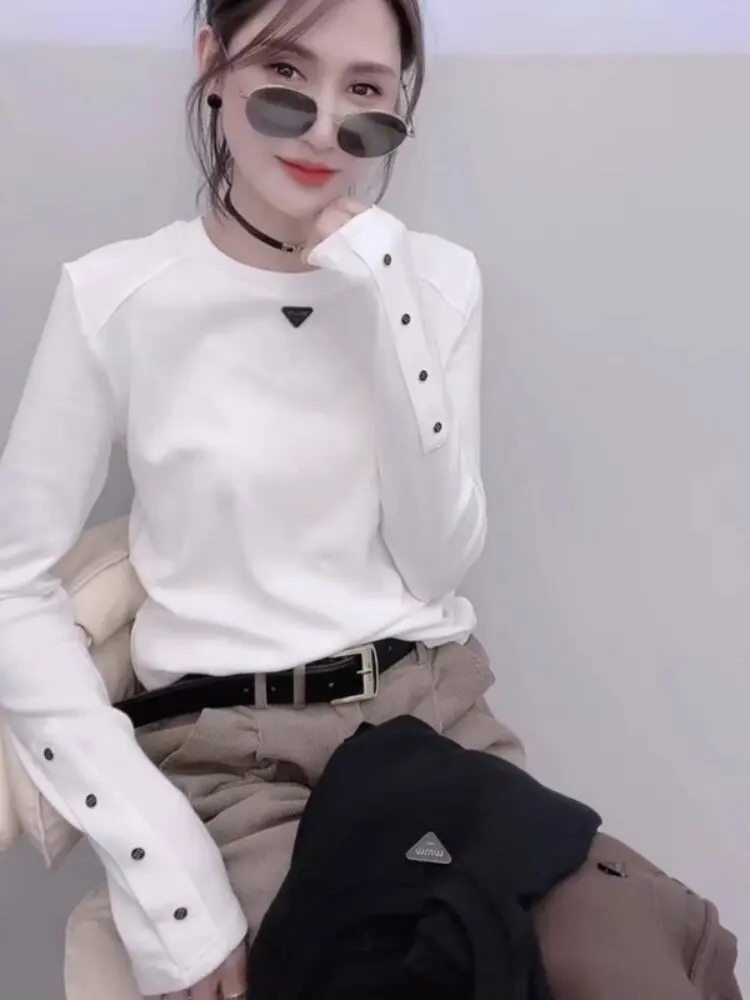 Fall 2026 Korean Style round Neck  Color  Tag Short Long Sleeve T-Shirt Women's New Slimming Fashionable Shoulde...