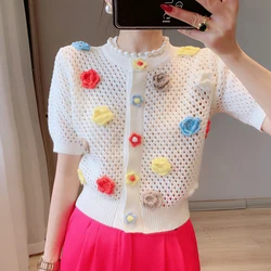 Women's Crochet Hollow Out Crop Top, Short Sleeve Cardigan, Button Up Cardigan Shirt, Knit Tops, Colors, Summer, 2024