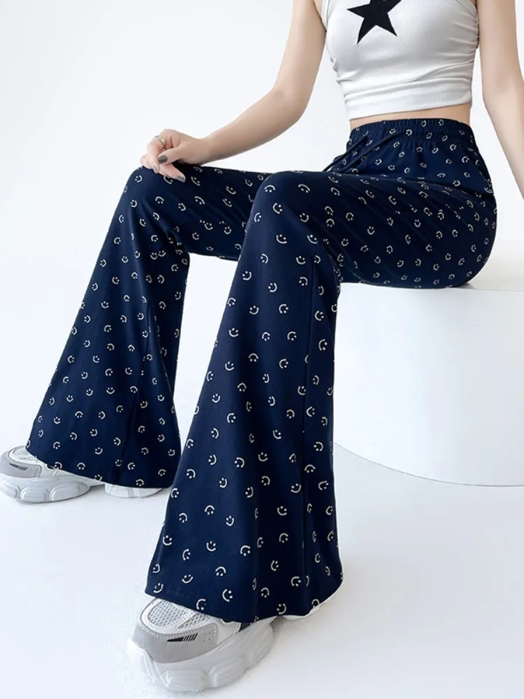 Casual Navy Wide Leg Loose Ankle-Length Pants High Waist Print Smile Street Korean Preppy Style Women Y2k Trousers Flare Pant