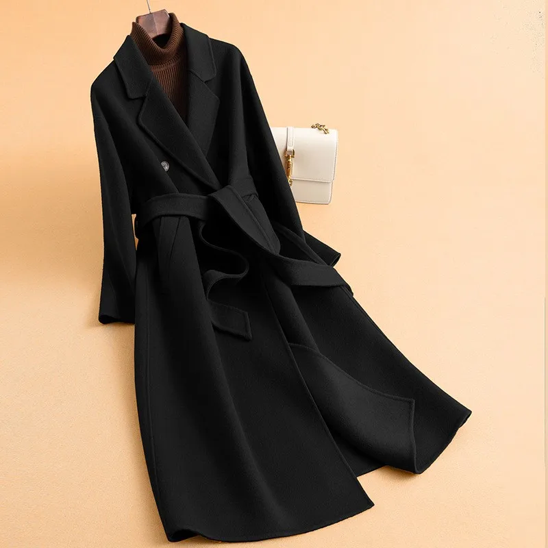 

New women's double-sided woolen overcoat suit collar tie double-breasted