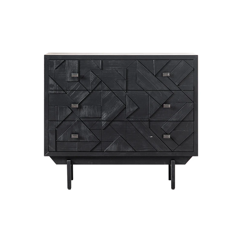 Solid wood black chest storage locker against the wall retro carved bedroom bedside table