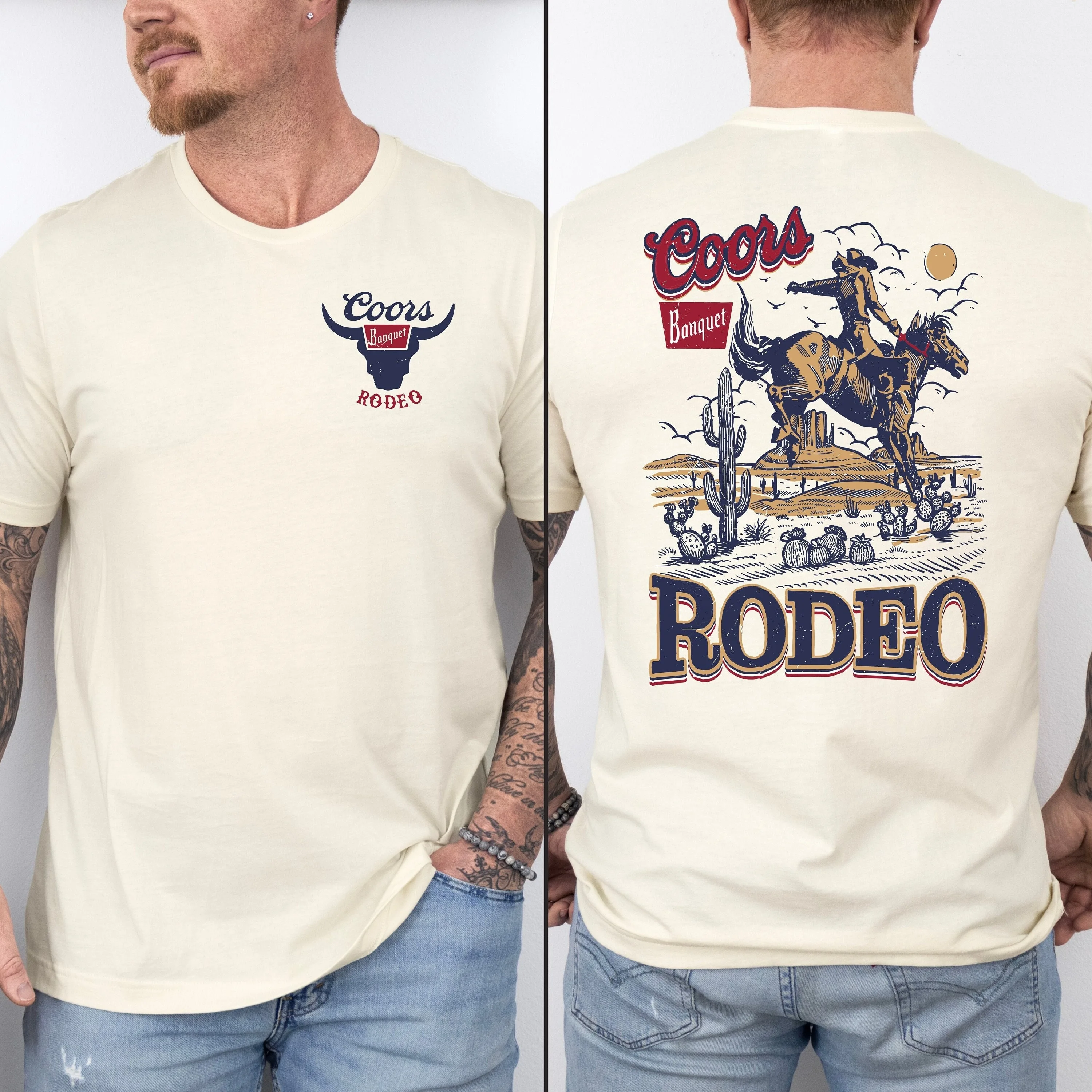 Men's Cotton Tee with Banquet Rodeo Artwork Classic Rodeo Design Front and Back Prints Streetwear Print New Arrival Tee S-4XL