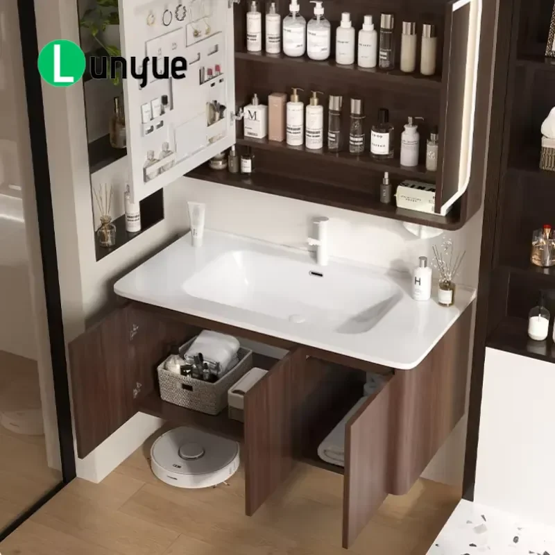 Custom Vintage Wall Mounted Aluminum Bathroom Vanity Floating Eco-friendly Walnut Finish Modern Storage Cabinet for Home