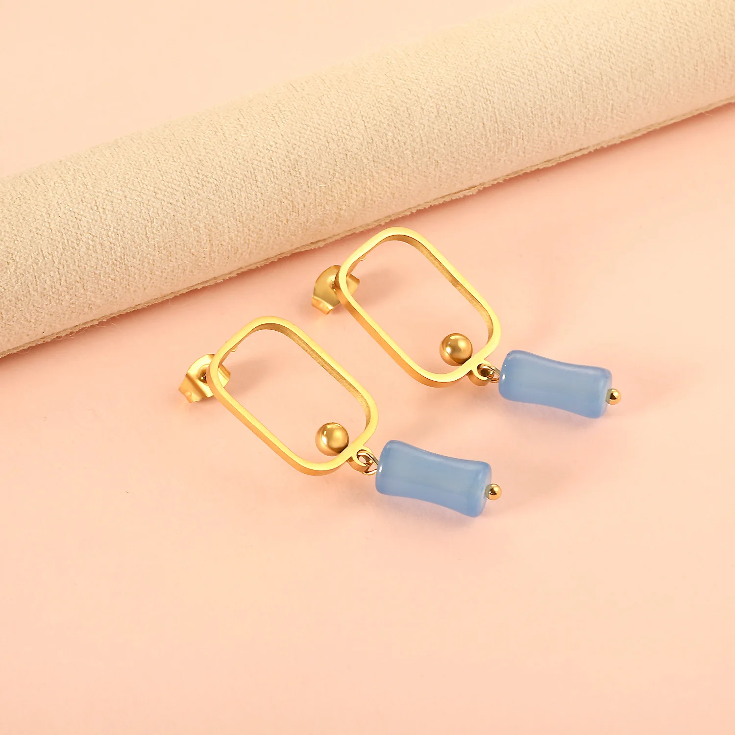 Matte Hollow Rounded Square Frame Pink Jade Bamboo Drop Clip On Earrings 316 Stainless Steel Gold No Piercing Girly Fresh Long D