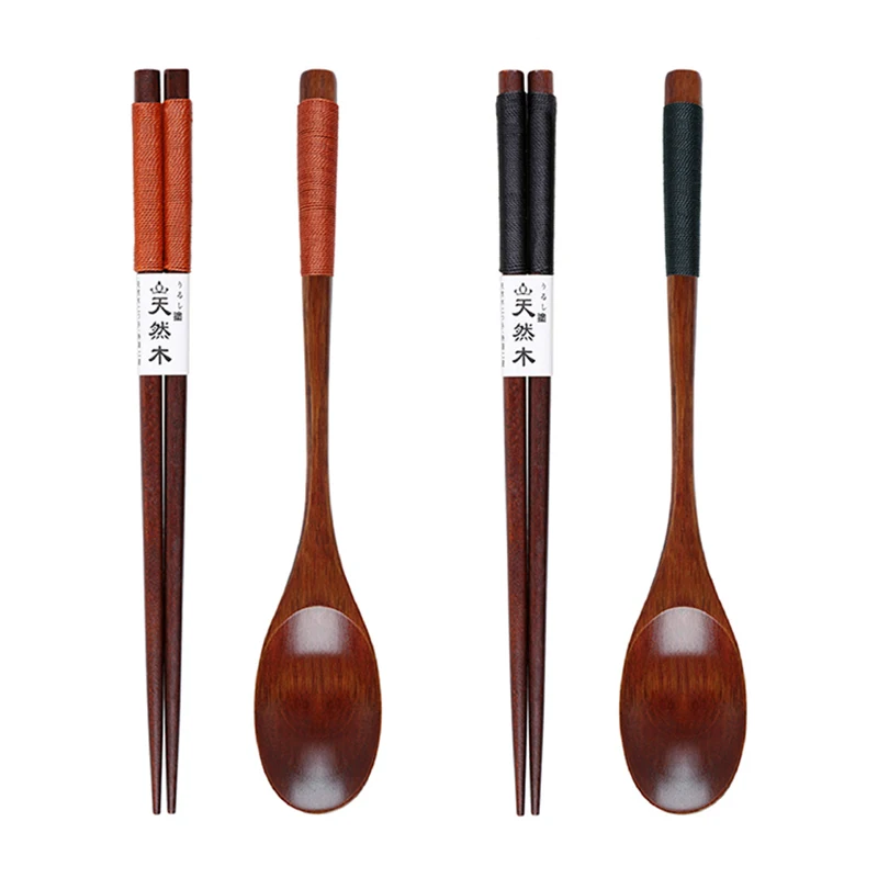 

4Pcs Wooden Spoon and Chopsticks Set Long Handle Soup Spoon Chinese Chopsticks Wood Sushi Sticks Kitchen Cutlery Set Tableware