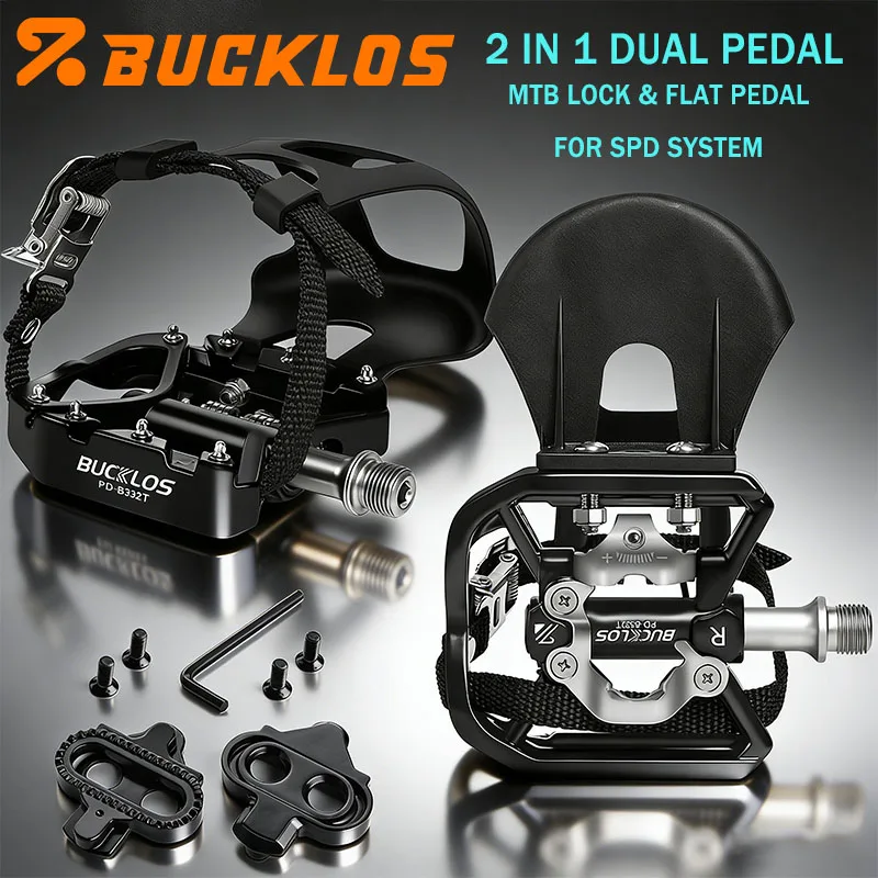 

BUCKLOS MTB Clipless Pedal for SPD System Double Function Bicycle Mixed Pedal Mountain Bike Self-locking Pedals Toe Clip Pedals