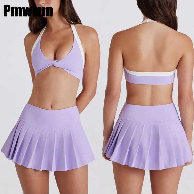 

PMWRUN Women's Tennis Yoga Fitness Set Color-blocking Halter Bra With Quick-dry Breathable Pleated Skirt & Built-in Safety Pants
