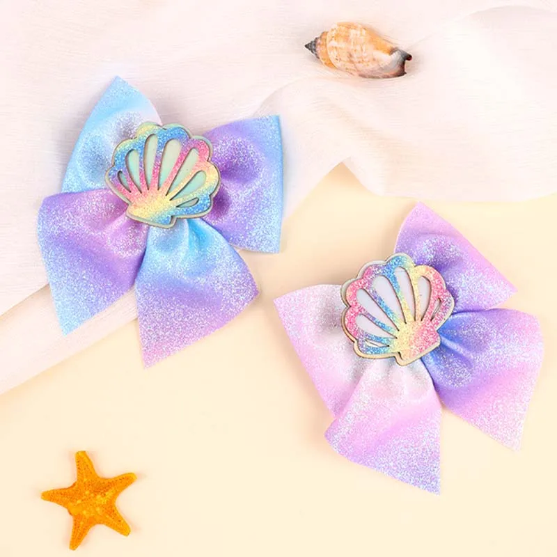 ncmama Cute Shell Bow Hairpin for Baby Girls Fashion Glitter Ocean Bowknote Hair Clip Barrettes Headwear Summer Hair Accessories