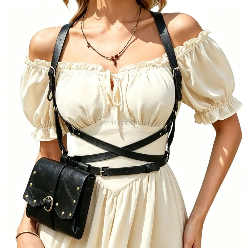Retro Medieval Leather Harness Waist Bag Belt Wallet Adjustable Straps Vintage Style Crossbody Wallet Renaissance Cosplay Bags