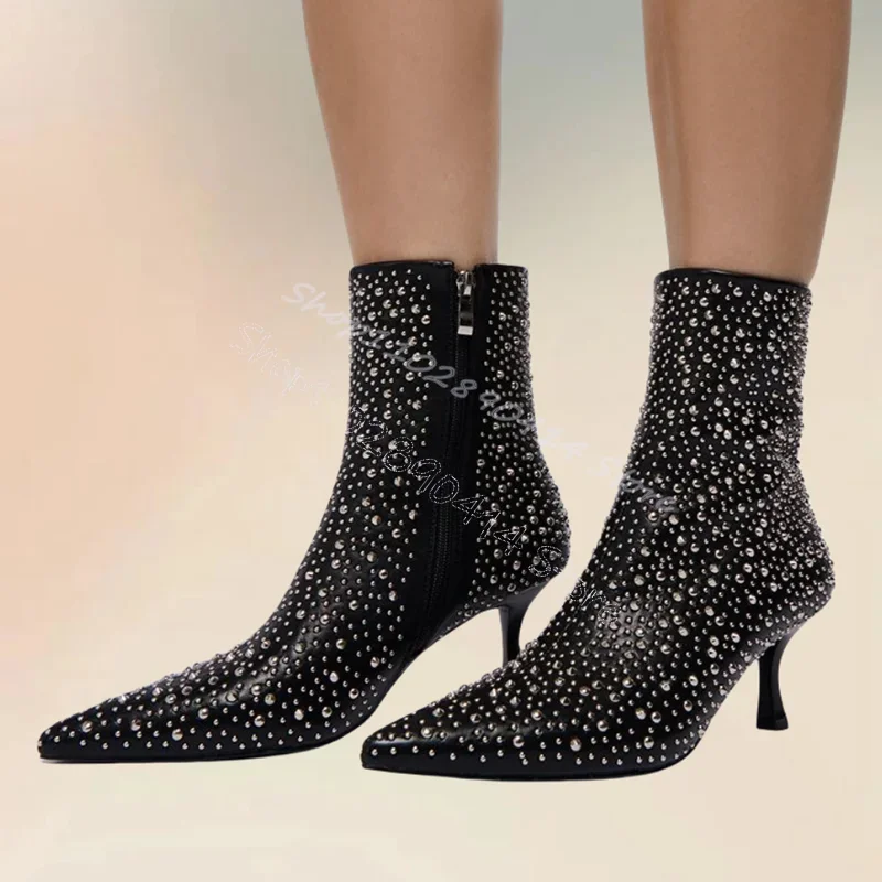 

Rhinestone Decor Black Mid Calf Pointed Toe Boots Side Zipper Women Shoes Thin High Heels Fashion Party 2024 Zapatos Para Mujere