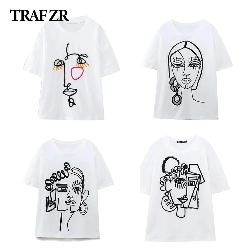 TRAF ZR T-shirts for Women Y2k Embroidery O Neck Harajuku Vintage Short Sleeve Tee T Shirt for Women Stitch Tops Blouse 2023