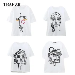 TRAF ZR T-shirty damskie Y2k haft O dekolt Harajuku Vintage koszulka z krótkim rękawem dla kobiet ścieg topy bluzka 2023