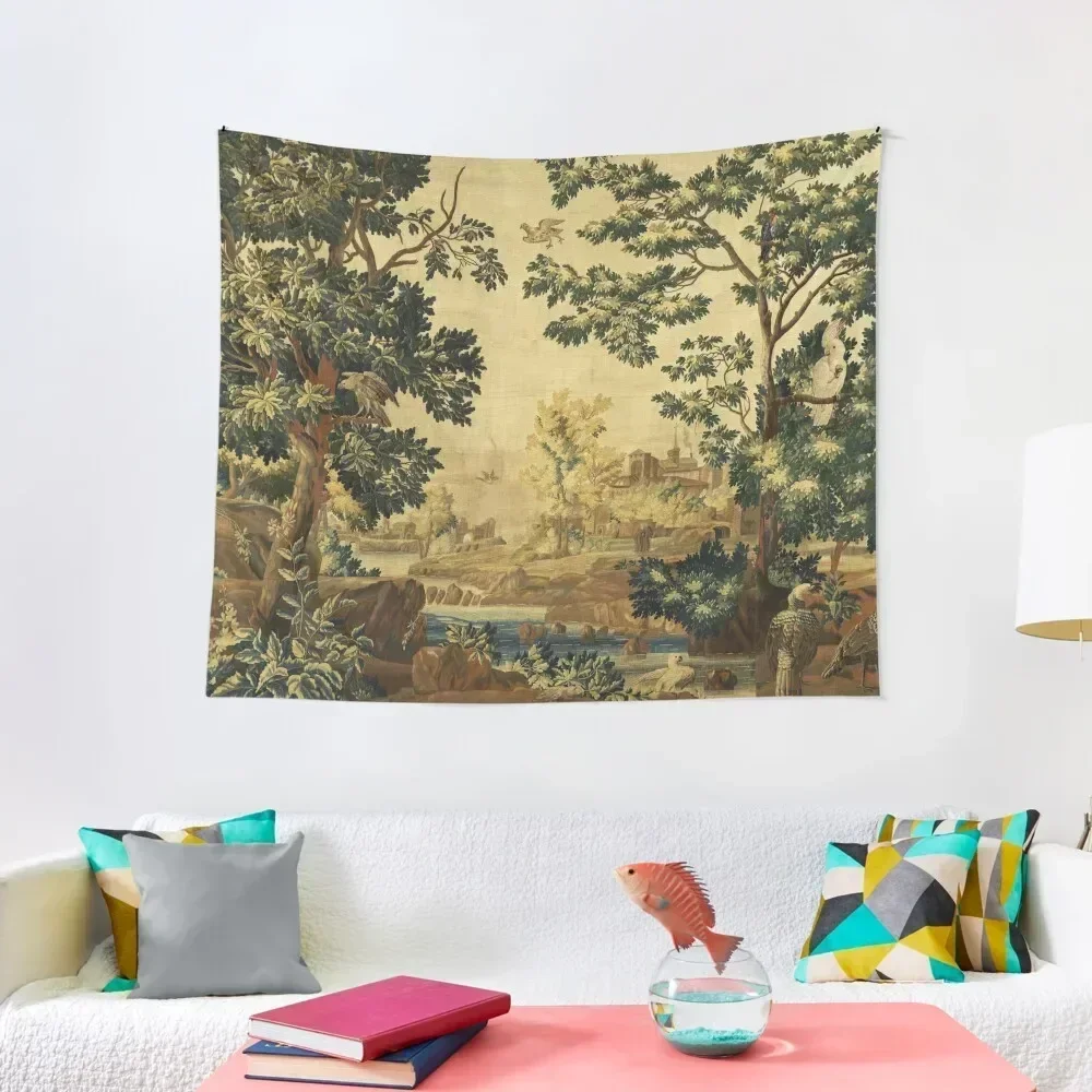 Wood Landscape with Birds,Trees and River, Antique Flemish Tapestry Room Aesthetic Room Decor Korean Style Tapestry