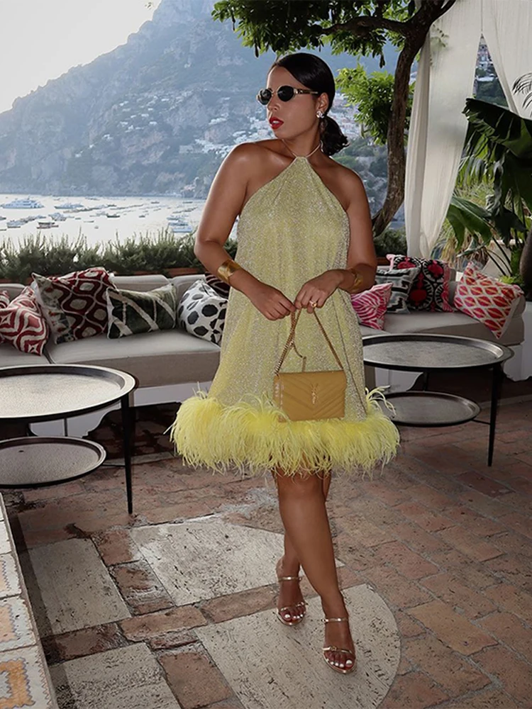 

Elegant Halter Dress Women Slim Fashion Sequin Patchwork Feather Sleeveless Mini Robe Female Chic Party High Waist Dresses Lady