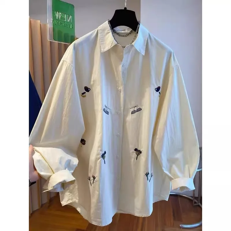 

Loose Fit Long Sve Embroidered Flower irt Vintage Sle for Men And Women Anti-Aging Casual irt Ci Walk Polyester Fiber
