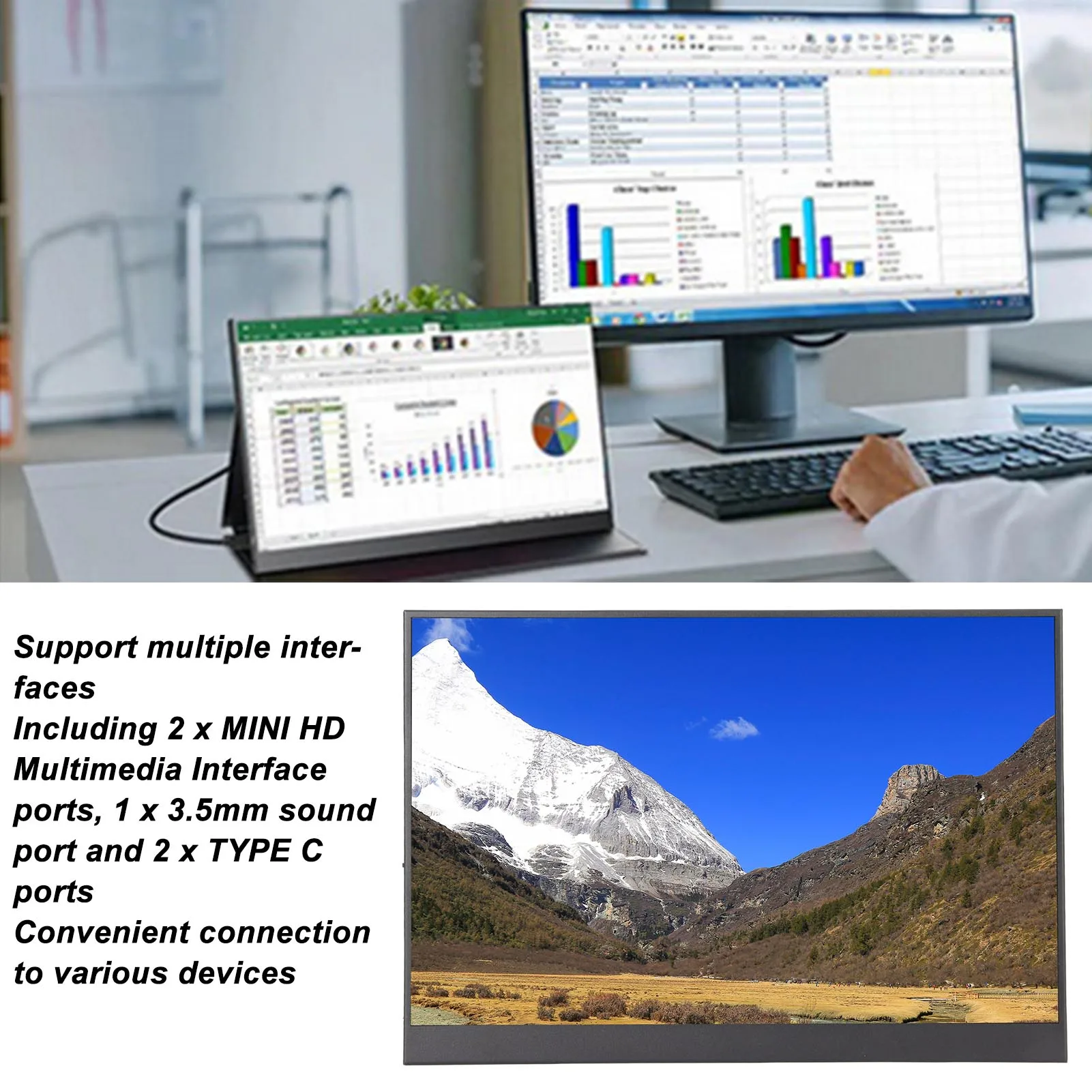 

Монитор для ноутбука Plug and Play Порты TYPE C Прочный ABS 14-дюймовый 2,5K HD мультимедийный интерфейс Портативный игровой монитор для ПК