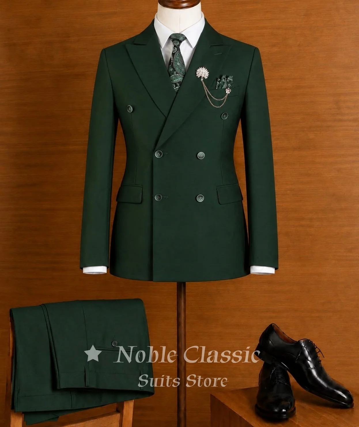 Dark Green 2 Pieces Wide Peak Lapel Double Breasted Blazer Matching Pants Wedding Groom Evening Party Formal Outfit Customized