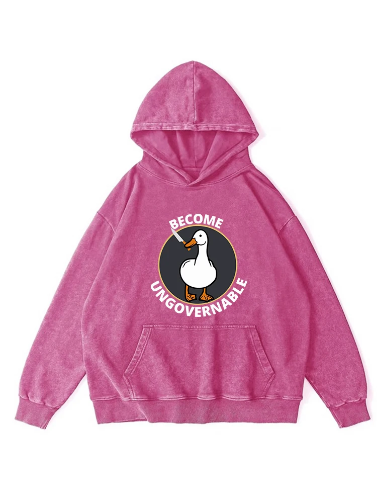 Ungovernable Goose Pattern Print Washed Cotton Distressed Hooded Women Harajuku Comfortable Hooded Fashion Autumn Warm Clothes