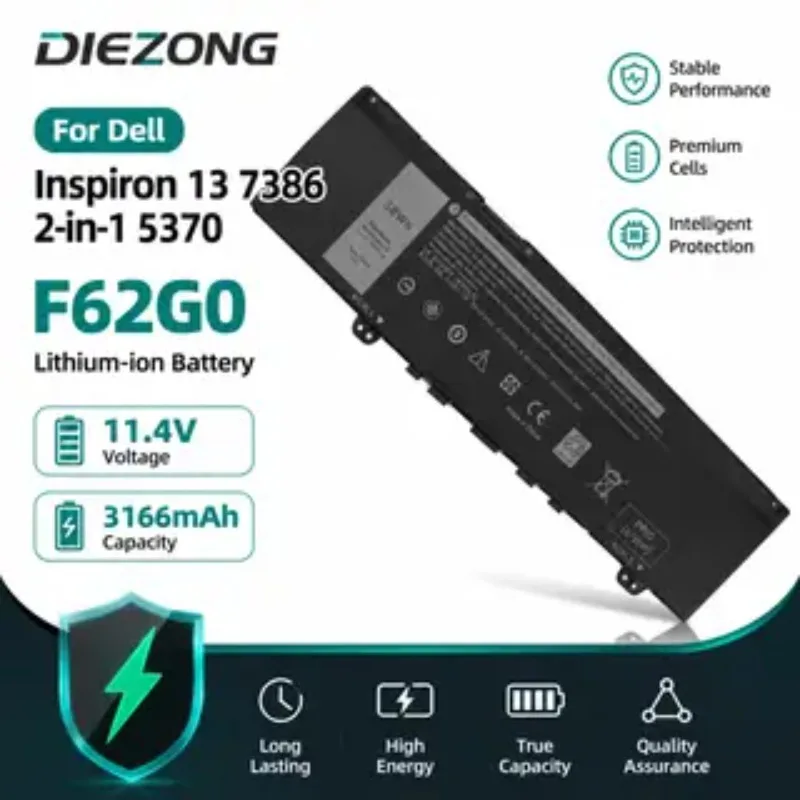 11.4V 3166mAh F62G0 38WH Laptop Battery for Dell Inspiron 13 7386 2-in-1 5370 7370 7380 7373 Vostro 5370 RPJC3 P91G P83G P87G