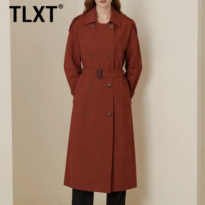 

TLXT модный оранжево-красный плащ женский с лацканами свободный двубортный с длинными рукавами и поясом ветровка 2022, осенняя новинка XK1465