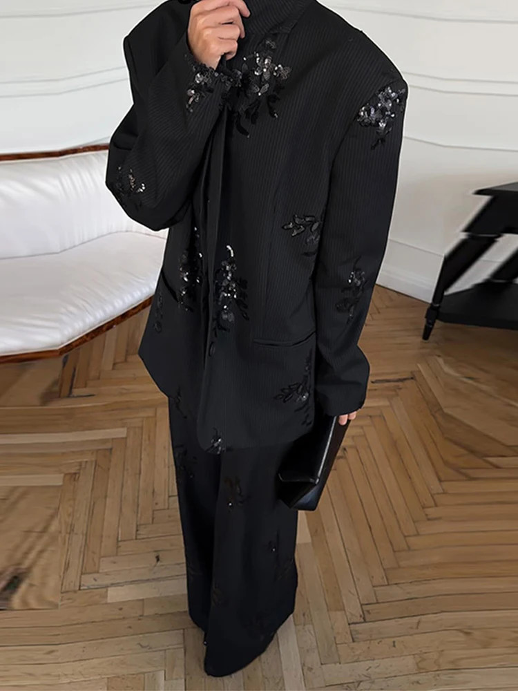 

Уличные комплекты брюк с блестками, женские свободные черные однобортные куртки с лацканами и длинными рукавами, широкие брюки 2026, весенняя женская одежда, новинка