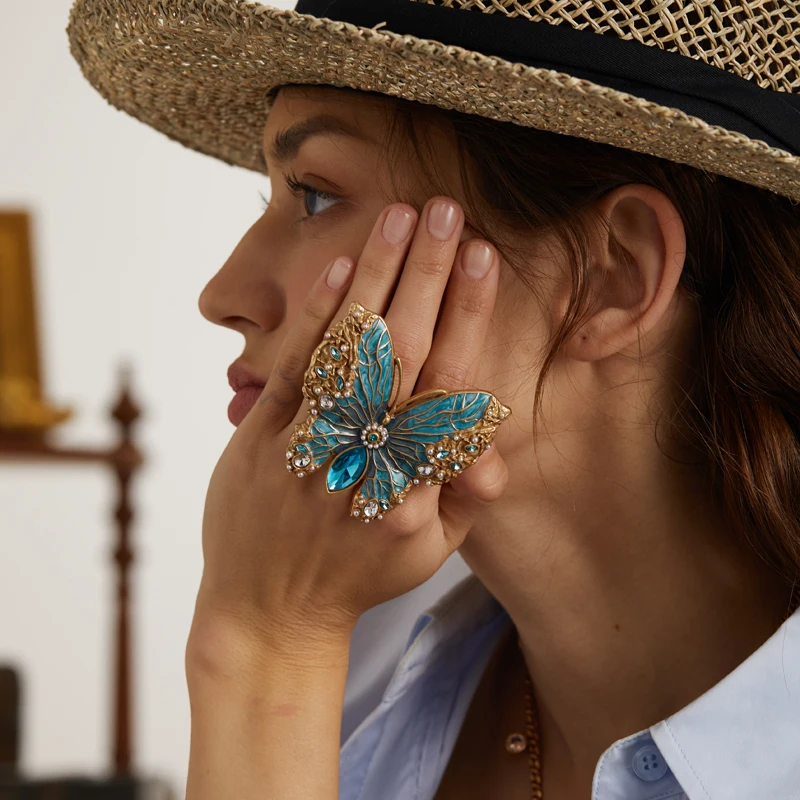 Vintage Large Blue Butterfly Big Cocktail Rings For Woman Crystal Enamel Size 8 Gold Color Luxury Jewelry Designers Accessories view 3