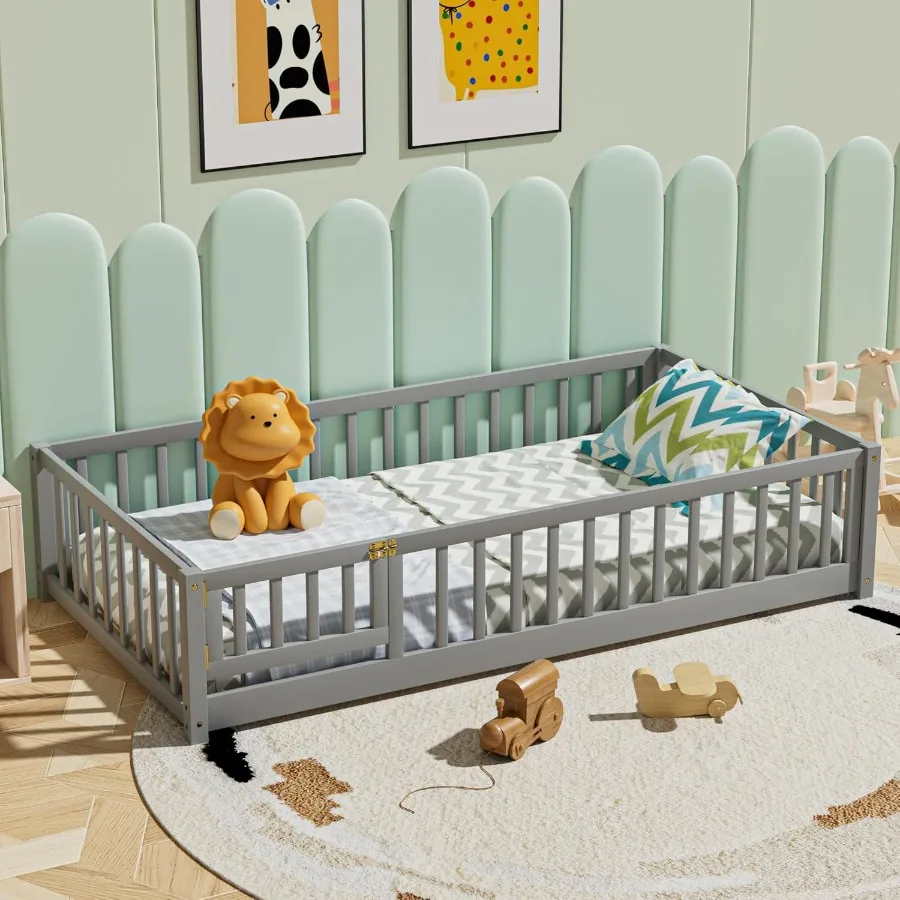 

Twin Floor Bed for Sturdy Wood Montessori Bed Frame with Wood Slats Fence Door Ideal for Girls and Boys Gray Color Perfect for