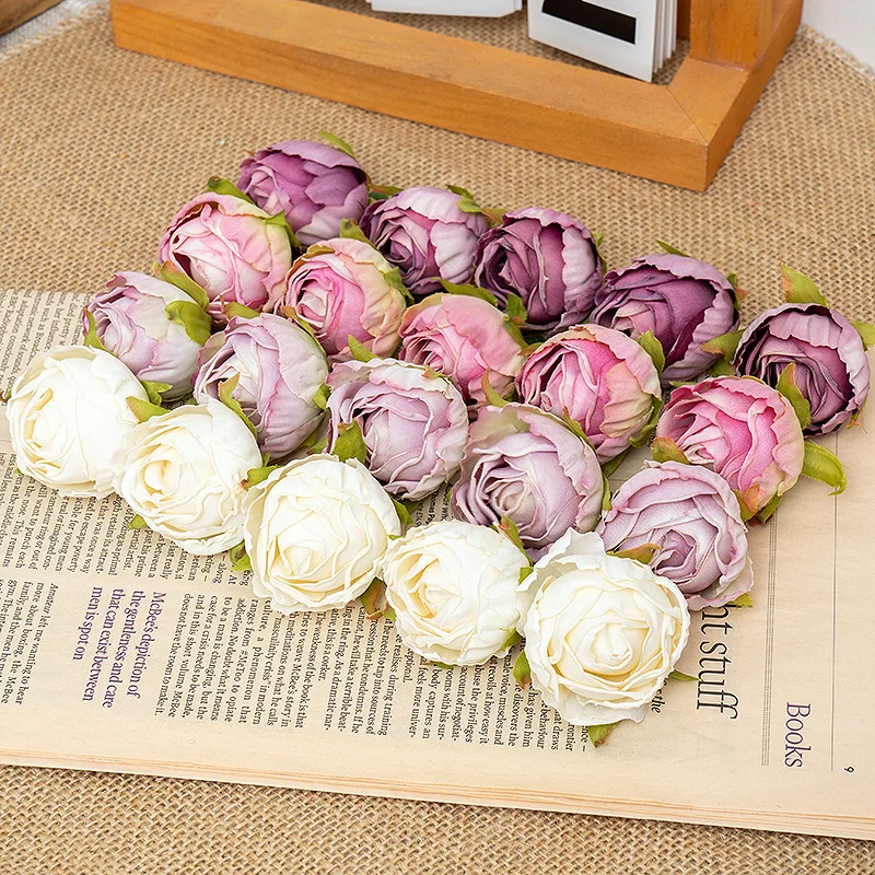 5Pcs Artificial Flower Silk Retro Burnt Edge Tea Buds Rose Head Christmas Wedding Home Decorative Fake Floral Craft Arrangement