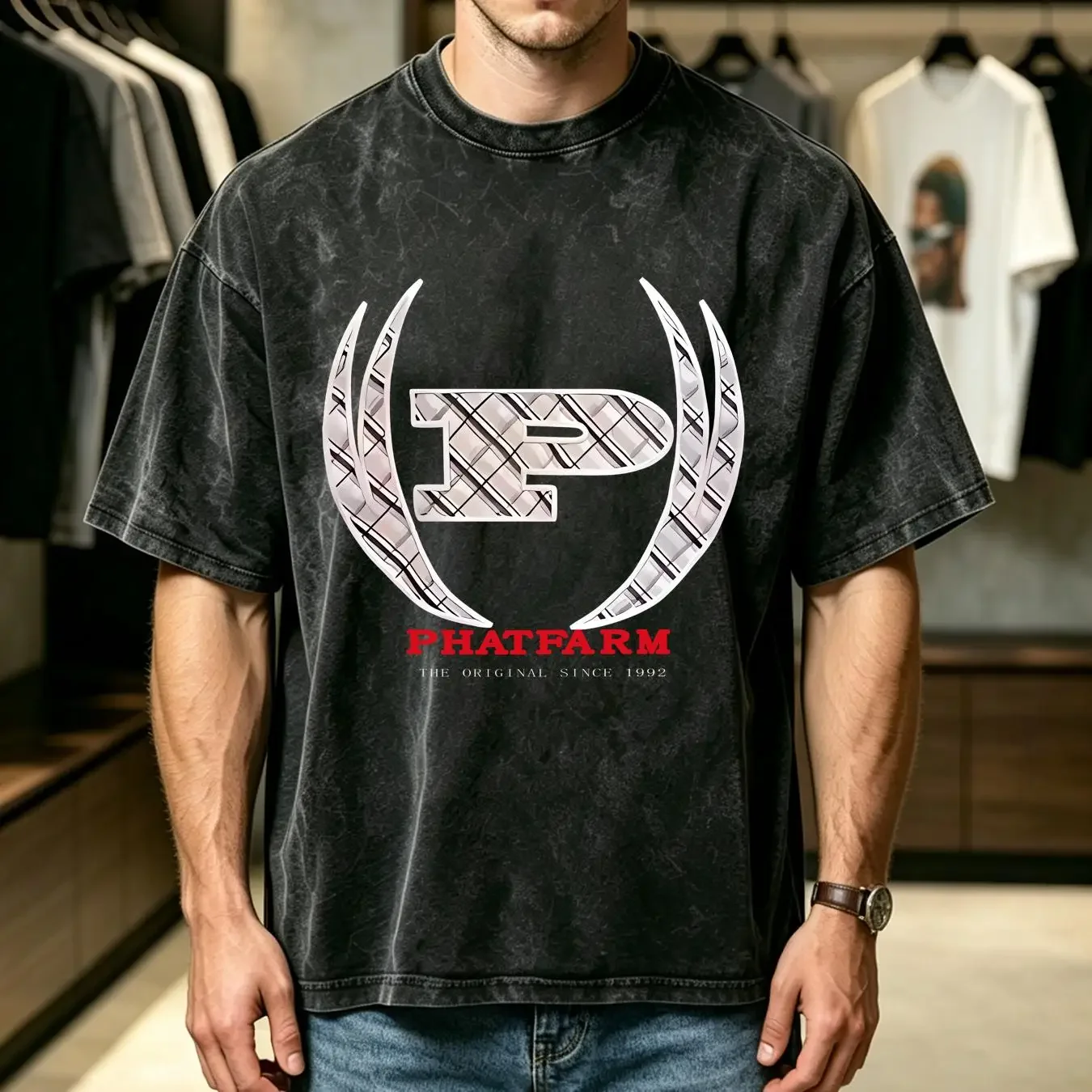 washed T Shirt Phat Farm Since 1992 Mens Black  Big Tall 1XL vintage Washed designer clothes Breathable Stylish Soft Unisex