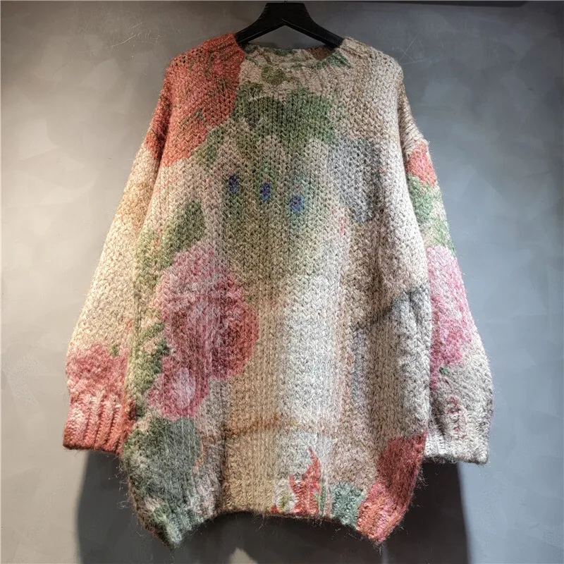 WTHT mode femmes dessin animé impression conception pull en tricot ample 2025 automne à la mode col rond manches longues pulls femme 1LS2571