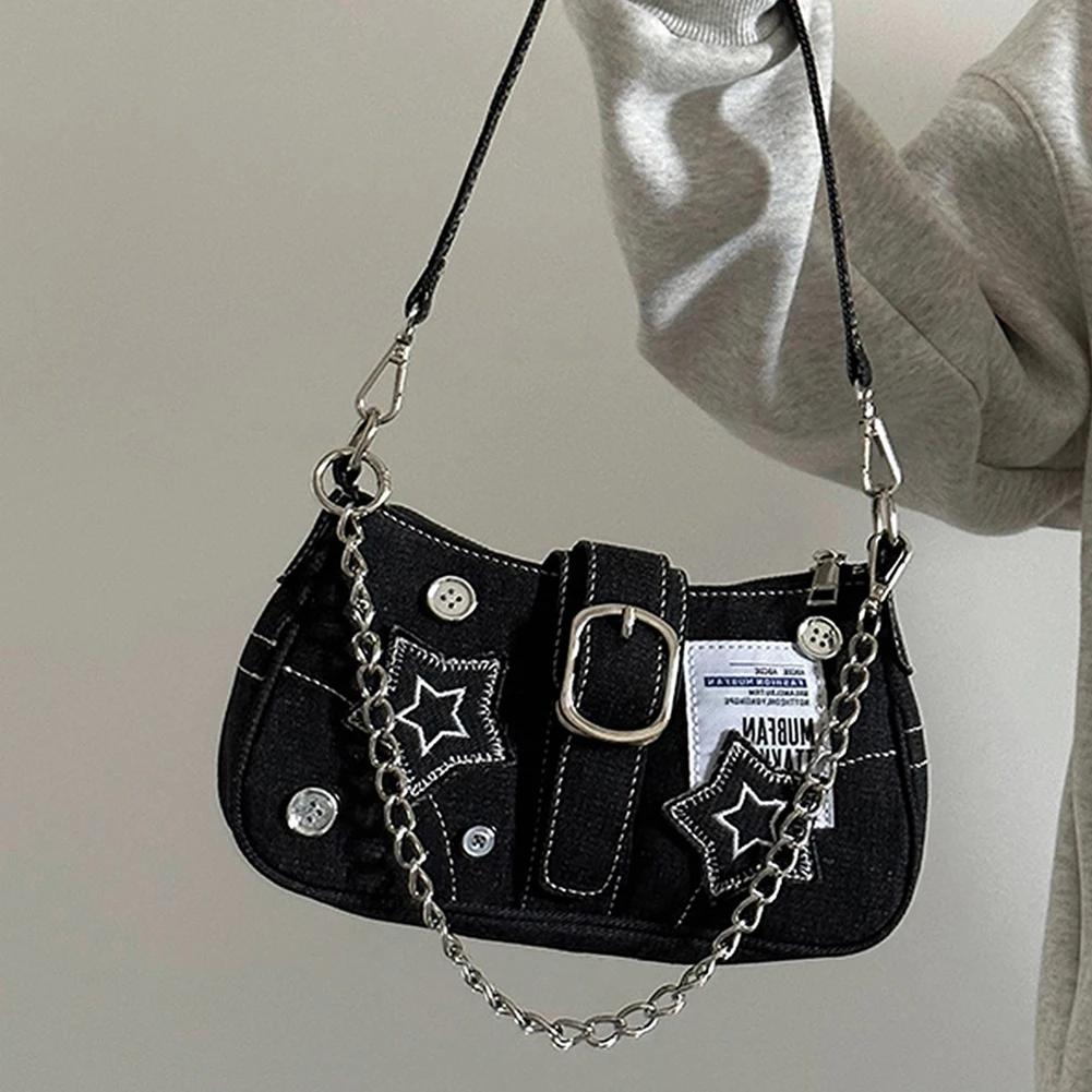 

Women Casual Clutch Handbag Large Capacity Y2K Star Denim Underarm Bag Fashion Shoulder Bag Solid Color Chic Hobo Chain Bag