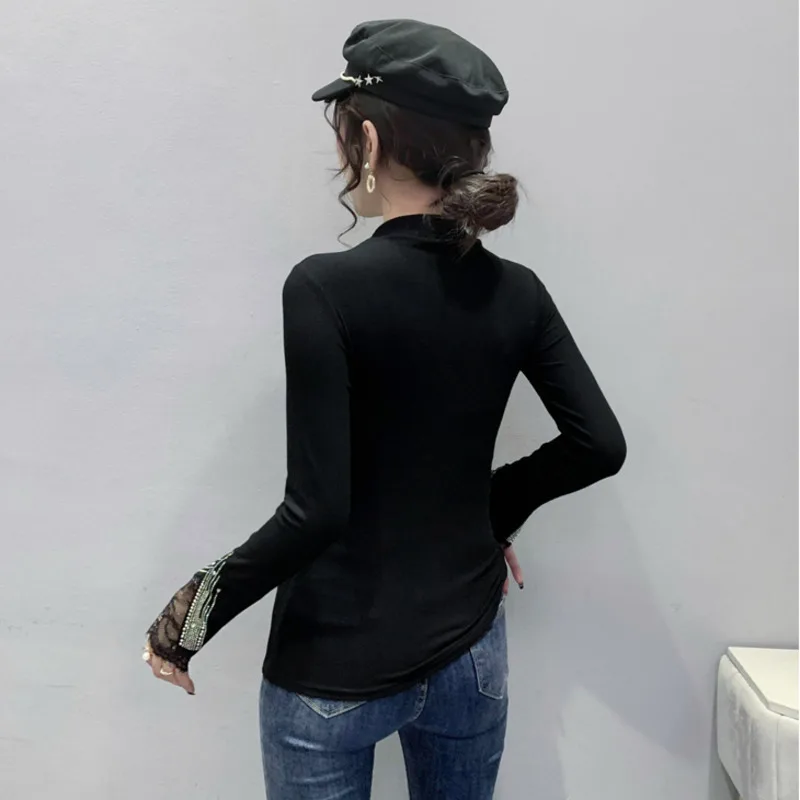 #8108 Spring 2024 Black Half High Collar Long Sleeve Spliced Lace Elastic Skinny T Shirt Women With Diamonds Sexy Korean Fashion