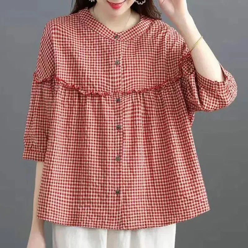 

Fashion Loose Button Spliced Folds Ruffles Lattice Blouse Female Clothing Summer New Casual Pullovers Lantern Sleeve Shirt E652