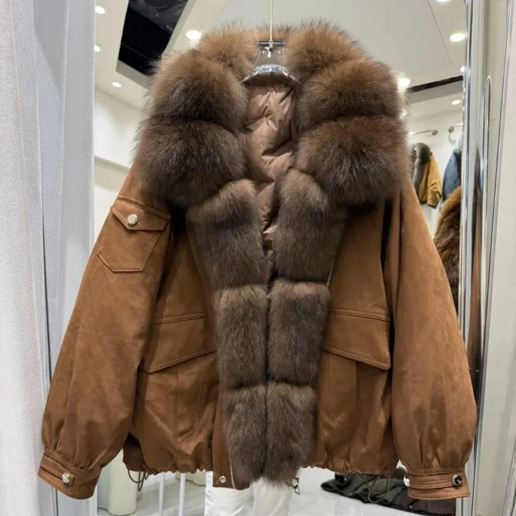 OFTBUY Real Suede Jacket Winter Warm Button Thick Padded Fashion Loose Outerwear Women Luxury Fox Fur Collar Duck Down Parka