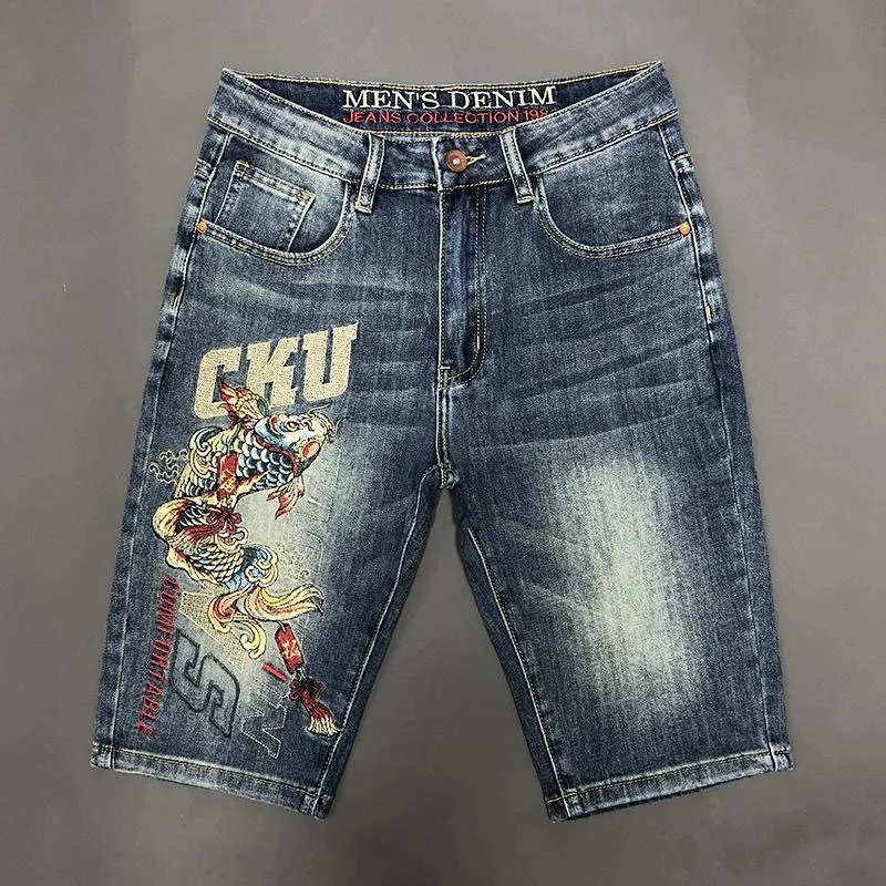 

Summer New Fashion Trend Printed Straight Leg Elastic Denim Shorts For Men's Casual Loose Retro Sports High-Quality Shorts