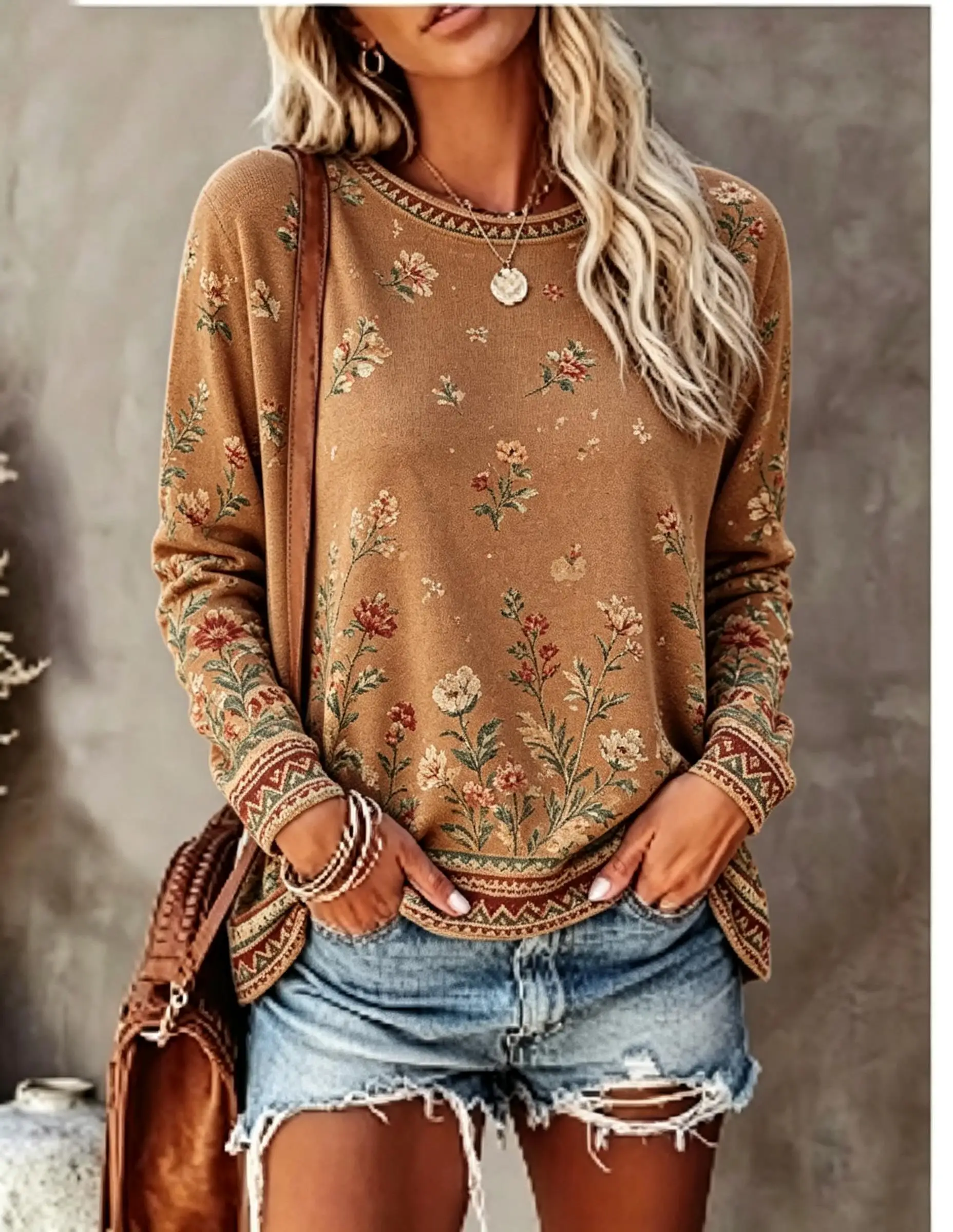 Women Crew Neck Long Sleeve T‑Shirt, Vintage Floral Rose Print Casual Loose Pullover Tops