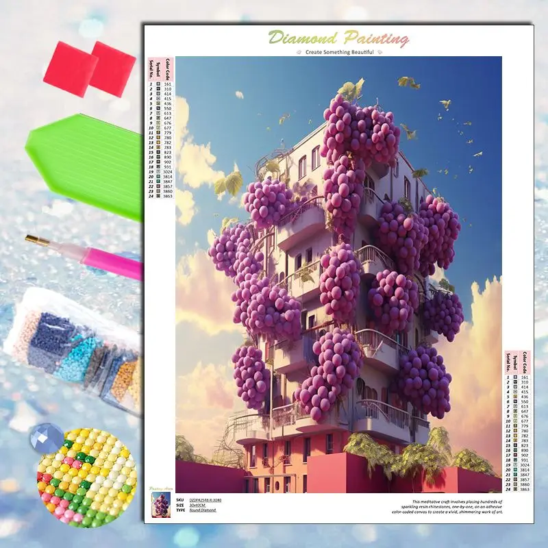 

CHENISTORY Diamond Mosaic Embroidery Grape House Scenery 5D DIY Diamond Painting Rhinestone Pictures Bedroom Decoration