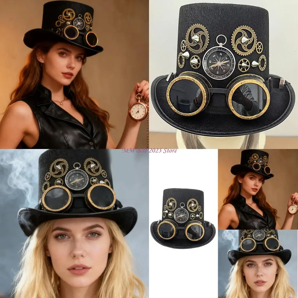 

49ME Steampunks Hat With Metal Gears And Rivets For Costume Event