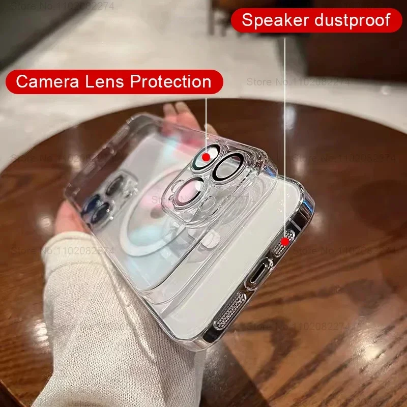 iPhone 16 15 14 13 12 11 Pro Max Plus 마그네틱 케이스 용 고급 Magsafe 클리어 케이스 무선 충전 충격 방지 커버 액세서리