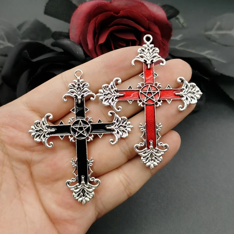 3pcs Gothic Large Cross Enamel Charms Pentagram Cross Pendants for Jewelry Making DIY Rosary Supplies Necklaces Crafts Accessory