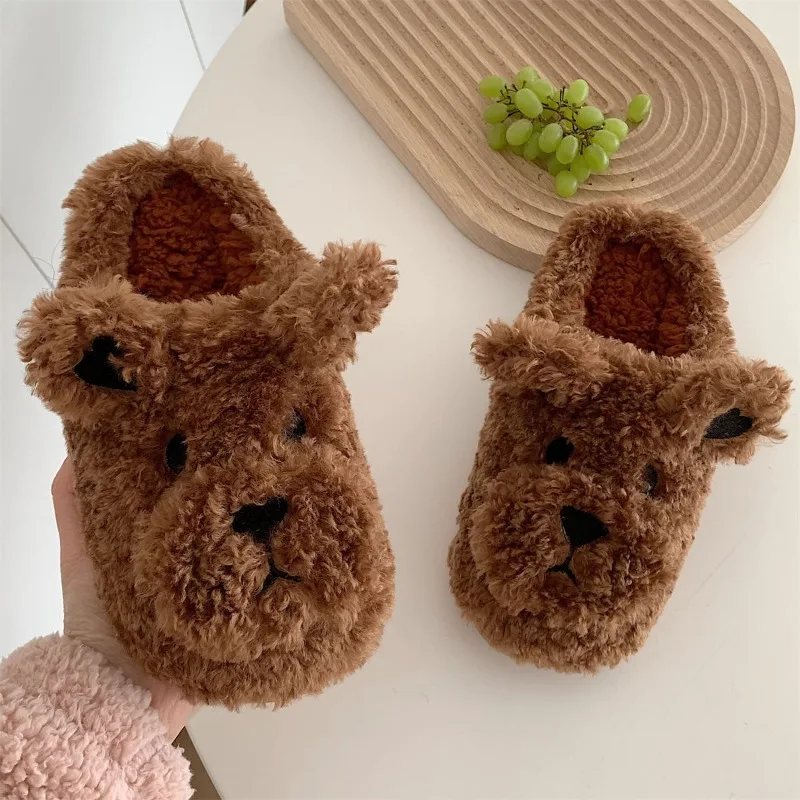 New cartoon cute head plush warm monthly cotton shoes female fall and winter students home with soft bottom cotton slippers