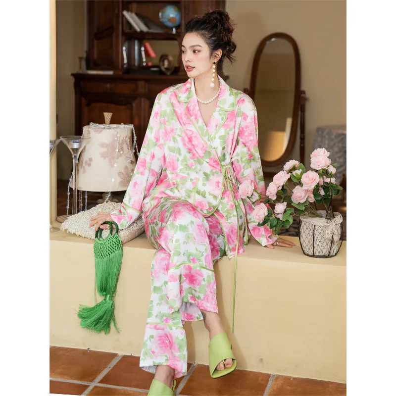 

2 Pieces Set Flower Print Kimono Women Pajamas Set Satin Long Sleeve Pants Suit Fashion 2024 Vintage Sleepwear Pj Home Clothes