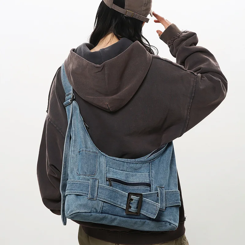 

Уличная джинсовая сумка большой вместимости в стиле ретро, горизонтальная квадратная сумка на одно плечо, женская сумка через плечо