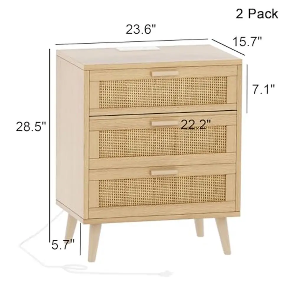 2-Pack Rattan Nightstand Charging Station 6 Drawers 47.2