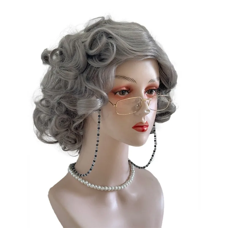 Granny Wig Prop Stage Performance Role Dress Up Glasses and Necklace Suit Film Black Madwoman's Halloween 2 Character Headwear