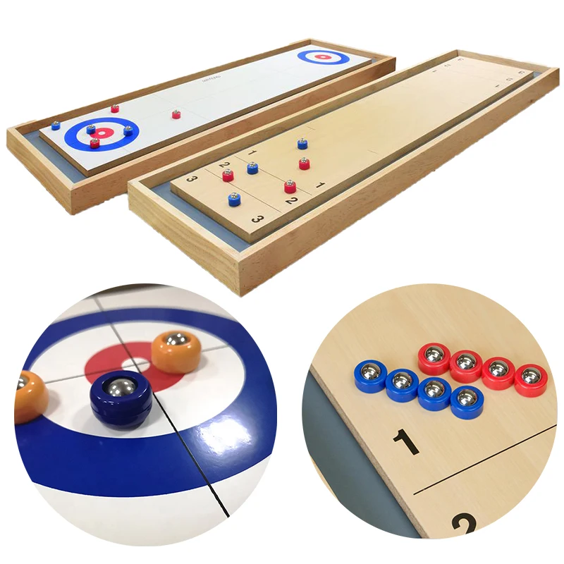 Wooden Shuffleboard and Curling 2 in 1 Table Top Board Game with 8 Rollers Indoor Game