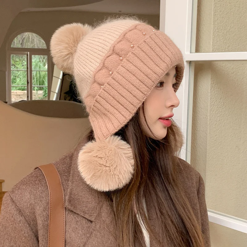 Woolen Cap Women Winter Hat Sweet Lovely Warm Cold Cap Fashion Ear Protection Padded Thickened Cold-proof Knitted Caps