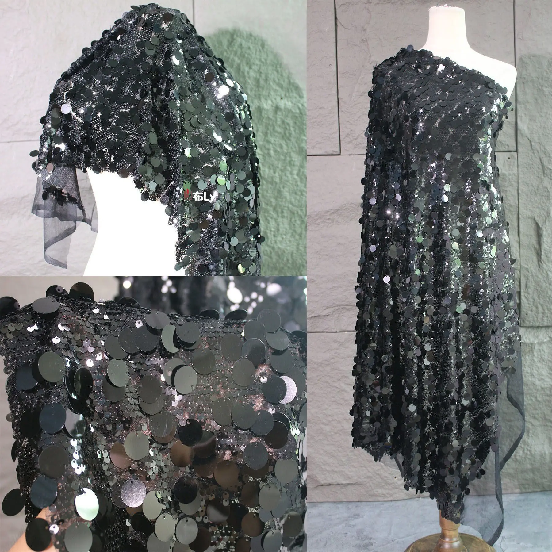 

Black Scaly Sequin Mesh Fabric, Gradient Lace Texture for Wedding Dress & Dance, Designer Material